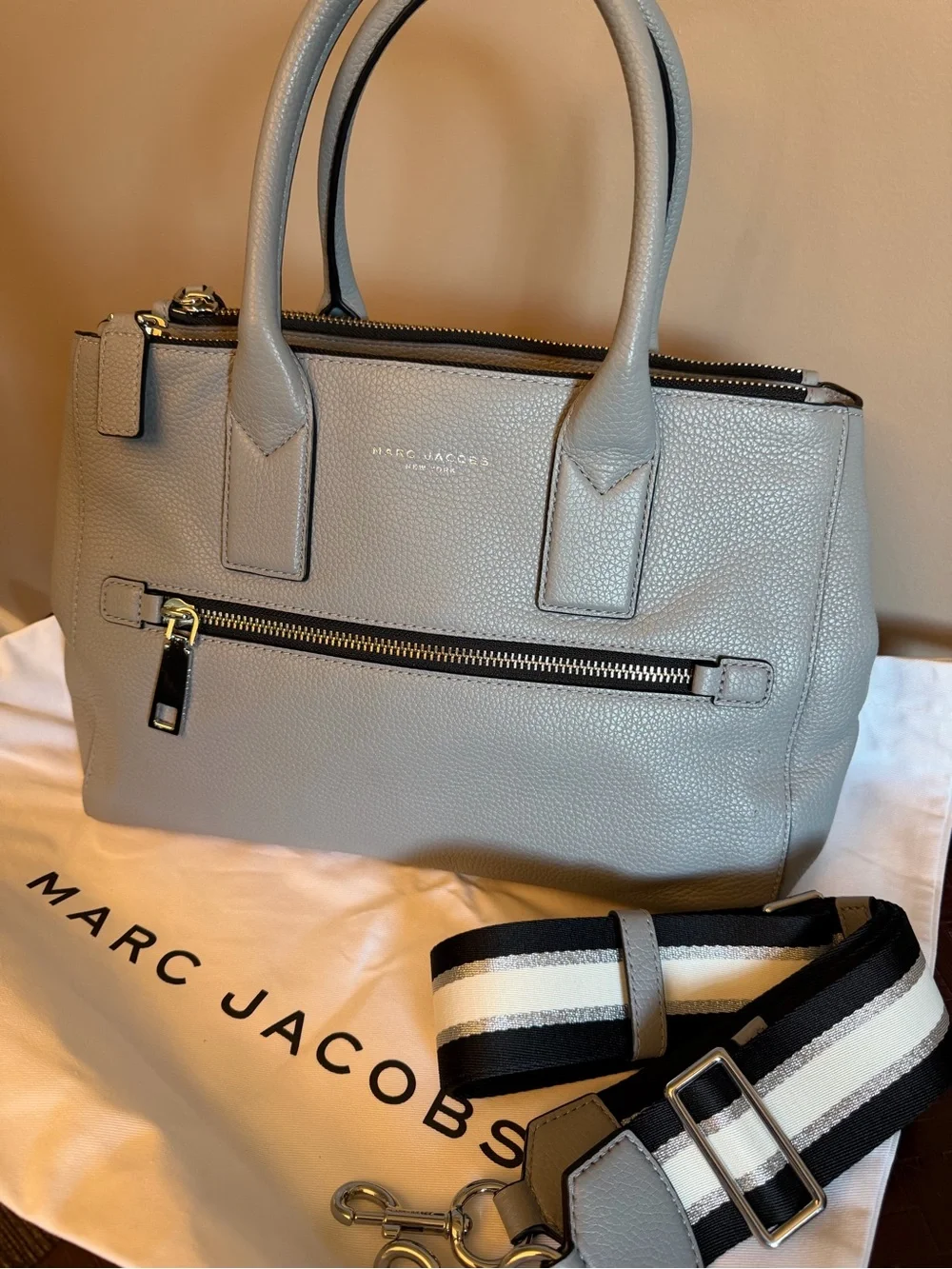 Marc Jacobs Light Gray Pebbled Leather Satchel with Striped Strap